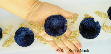 Beige Net Lace Trim With Blue / Beige / Red Thread Flowers and Gold Leaves Embroidery, Approx. 95mm wide